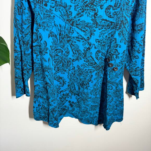 Habitat Top Women L Blue Black Floral Asymmetrical Hem Cotton Lagenlook 3/4 Slee - Picture 6 of 6